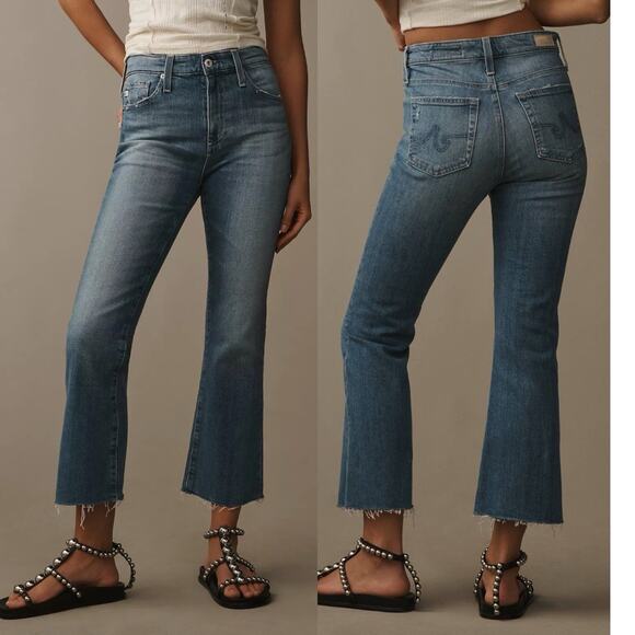 AG Jeans Womens Size 32 Farrah Mid Rise Crop Bootcut Blue Denim Frayed‎ Hem NEW - Picture 1 of 16